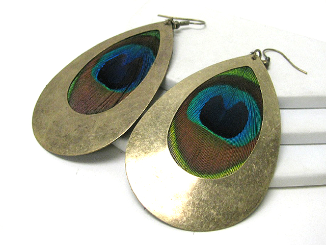 Peacock feather oval disk earring
