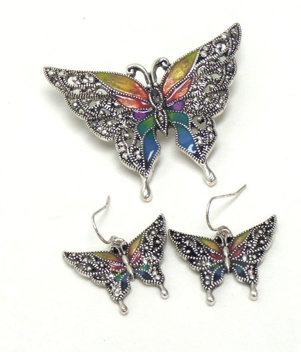 Marcasite texture butterfly pendant set