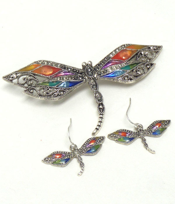 Marcasite texture dragonfly pendant set