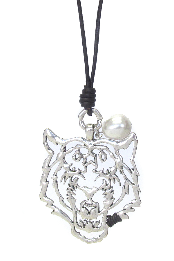 Large metal filigree pendant long leather chain necklace - tiger