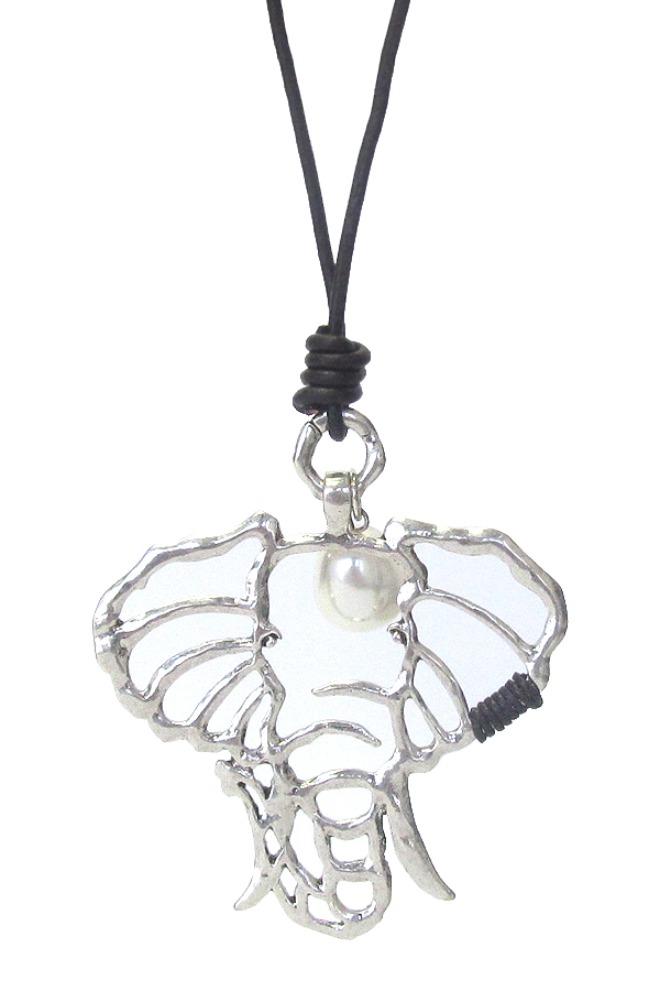 Large metal  pendant long leather chain necklace - elephant