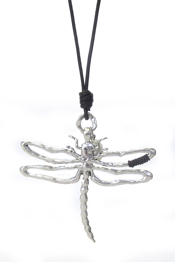 LARGE METAL FILIGREE PENDANT LONG LEATHER CHAIN NECKLACE - DRAGONFLY