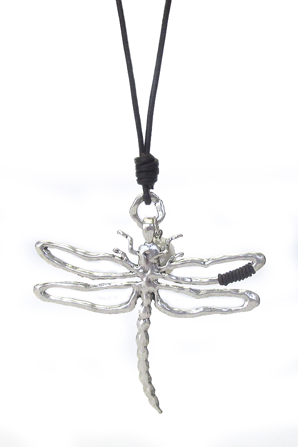 Large metal filigree pendant long leather chain necklace - dragonfly
