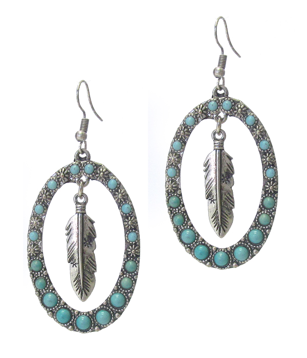 NAVAJO STYLE TURQUOISE FEATHER HOOP EARRING -western