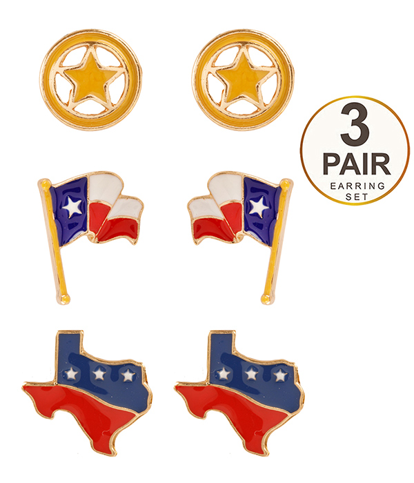 TEXAS FLAG THEME 3 PAIR EARRING SET