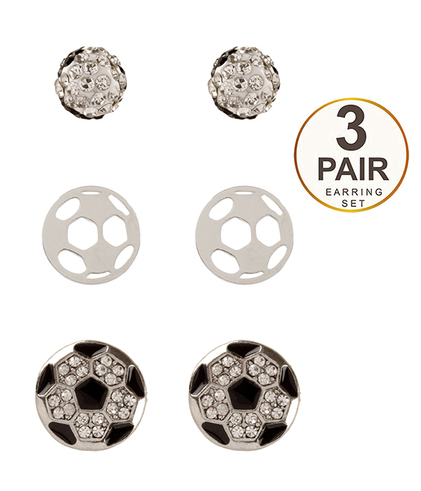 SPORT THEME 3 PAIR EARRING SET - SOCCER