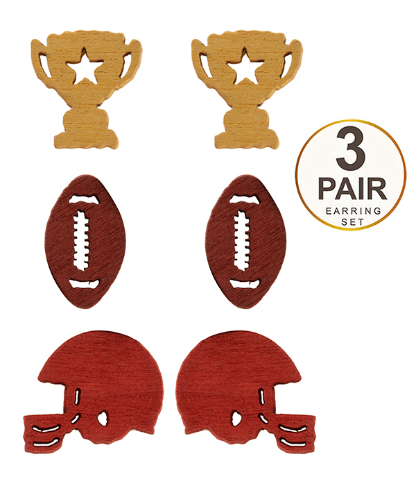 SPORT THEME 3 PAIR WOOD EARRING SET - FOOTBALL