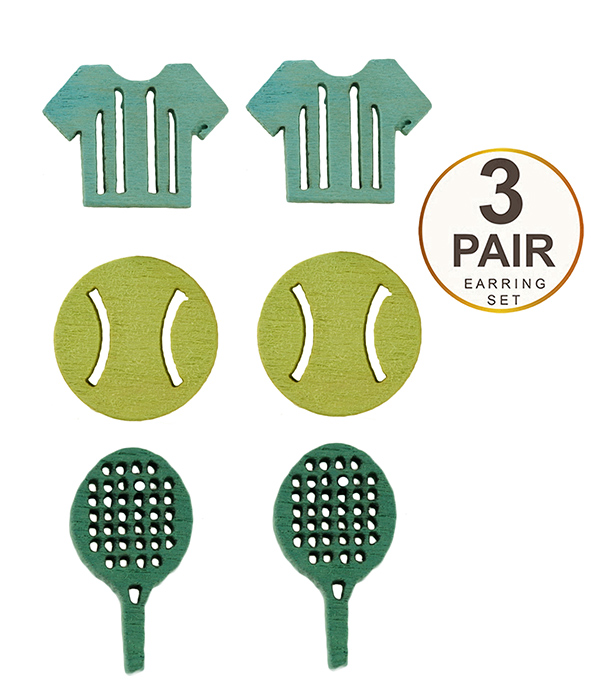 SPORT THEME 3 PAIR WOOD EARRING SET - TENNIS