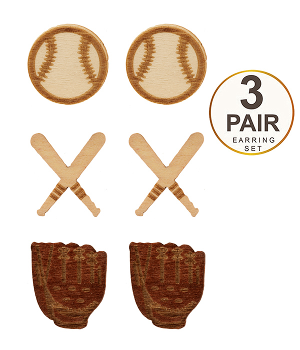 Sport theme 3 pair wood earring set - baseball