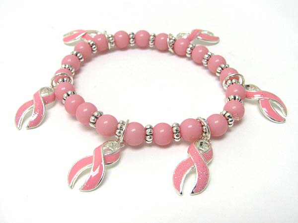 Pink ribbon charm dangle beads stretch bracelet - breast cancer awareness