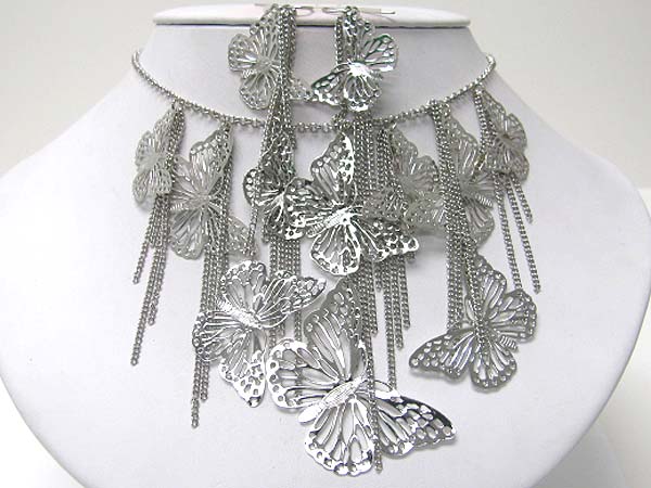 Multi metal filigree butterfly dangle neckalce earring set