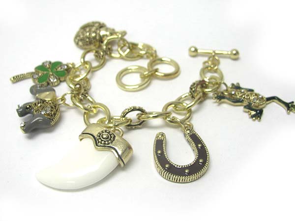 Crystal and epoxy multi lucky charm dangle bracelet