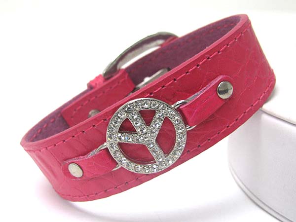 Crystal peace mark leather wrist band