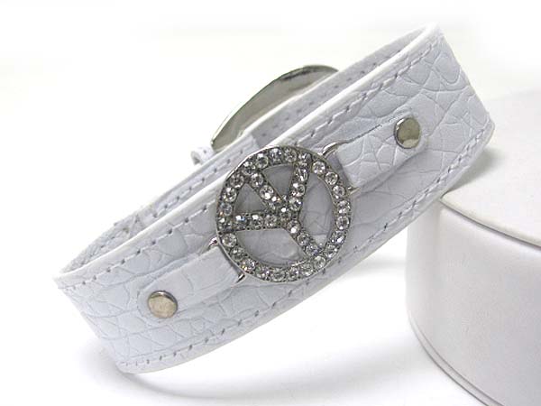 Crystal peace mark leather wrist band