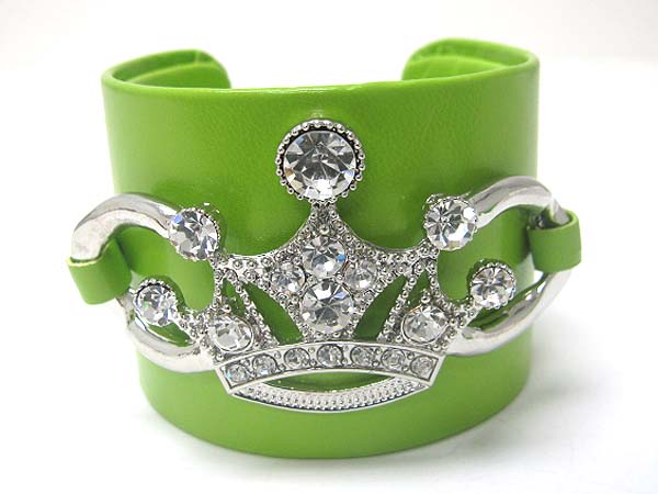 CRYSTAL CROWN FAUX LEATHER WRAP METAL CUFF BANGLE