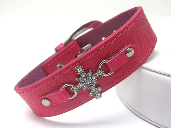 Crystal cross leather wrist band
