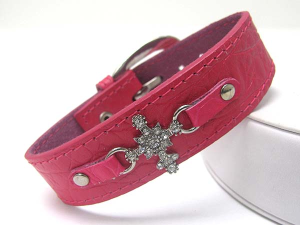 CRYSTAL CROSS LEATHER WRIST BAND