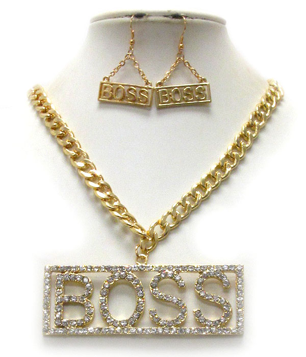Crystal deco large boss pendant and thick chain necklace earring set