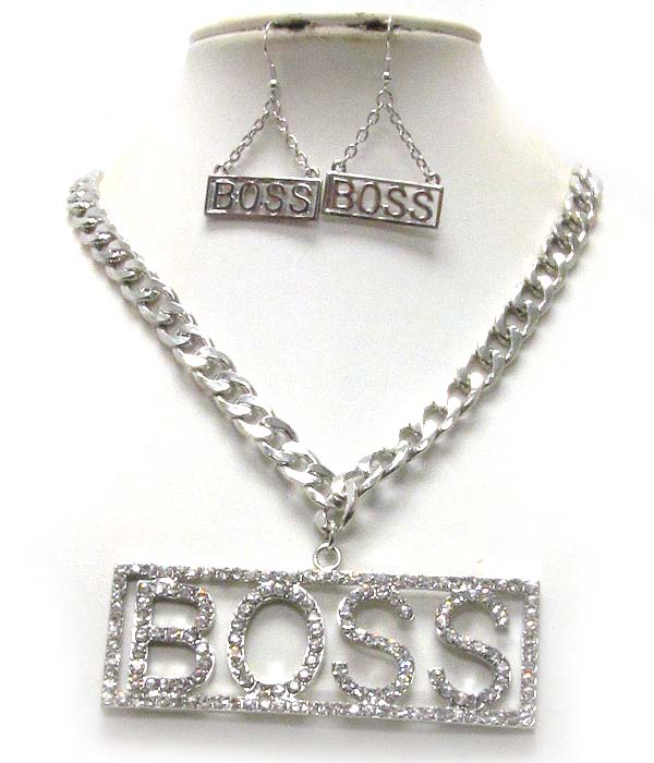 Crystal deco large boss pendant and thick chain necklace earring set