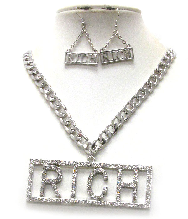 CRYSTAL DECO LARGE RICH PENDANT AND THICK CHAIN NECKLACE EARRING SET