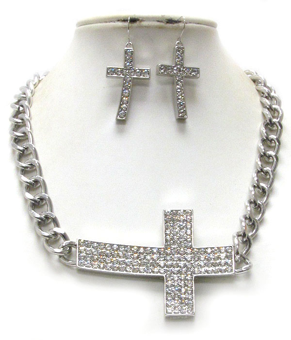 Crystal pave large side cross pendant and thick chain necklace earring set