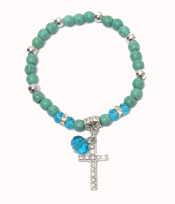 Multi beads with crystal drop cross bracelet