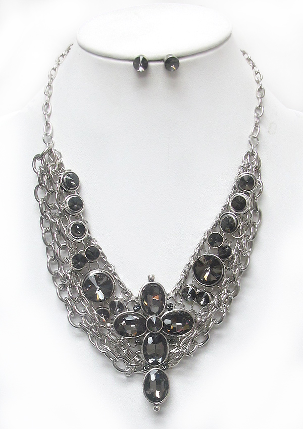 Crystal cross 3 row metal chain statement necklace set