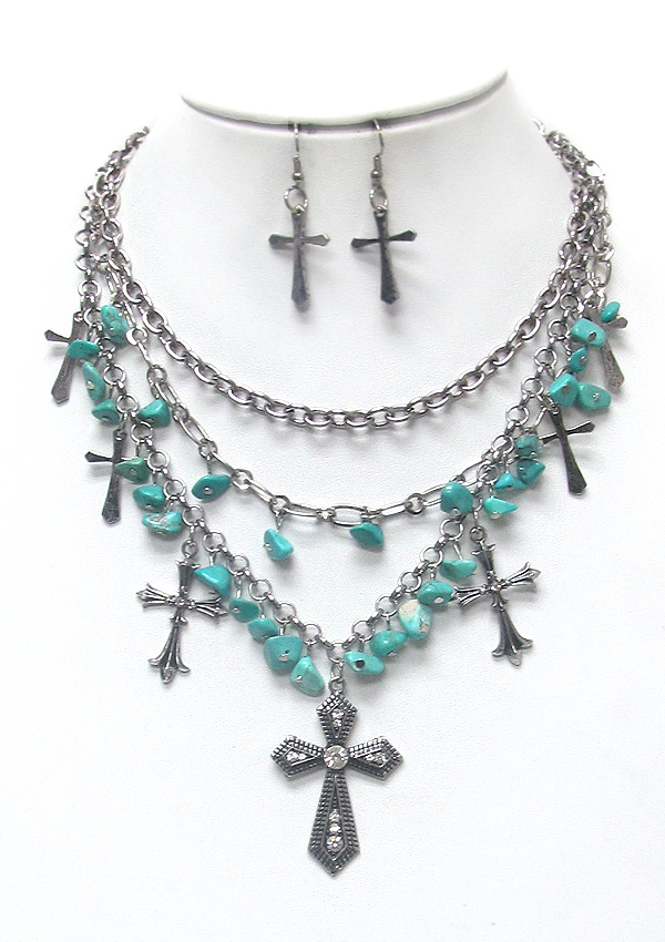 Multi cross and layer chain statement necklace set