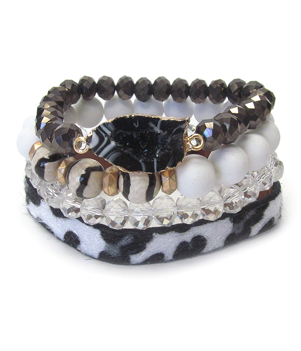 Animal print faux leather and multi stone mix 4 stretch bracelet set - druzy