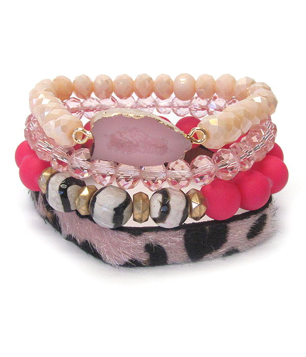 ANIMAL PRINT FAUX LEATHER AND MULTI STONE MIX 4 STRETCH BRACELET SET - DRUZY