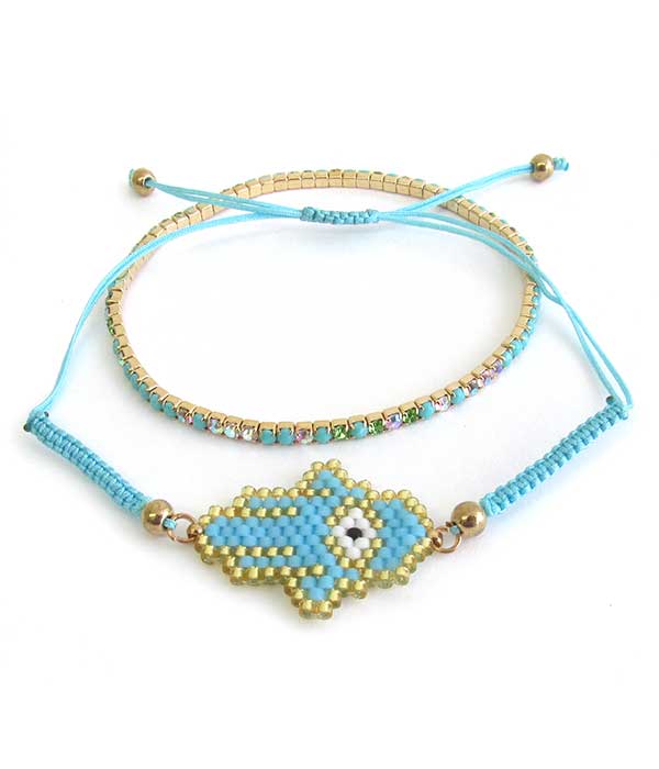 Multi seedbead evil eye pull tie and stretch double bracelet set
