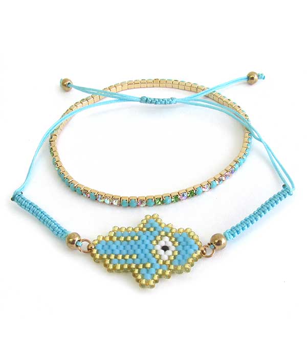 MULTI SEEDBEAD EVIL EYE PULL TIE AND STRETCH DOUBLE BRACELET SET