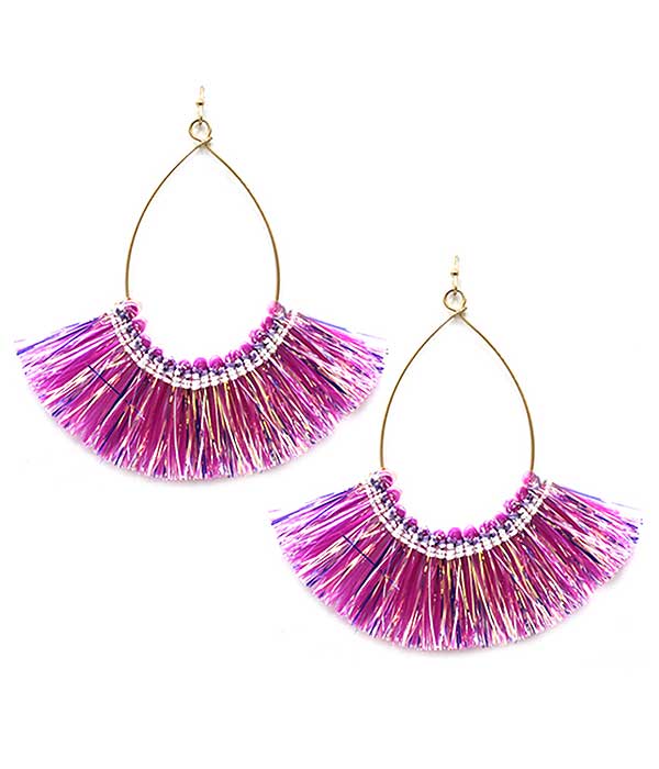 RAFIA TASSEL AND WIRE TEARDROP HOOP EARRING