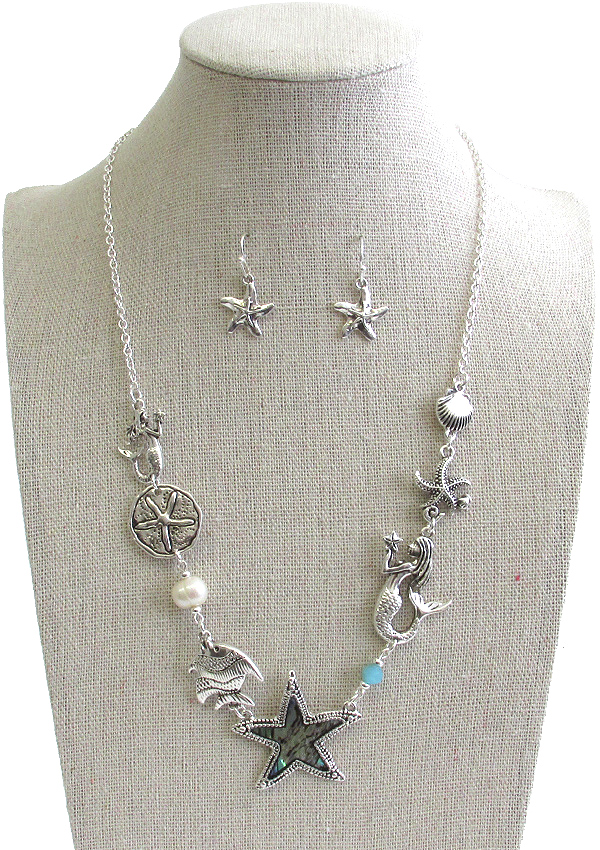 SEALIFE THEME MULTI CHARM LINK NECKLACE SET - STARFISH MERMAID FISH