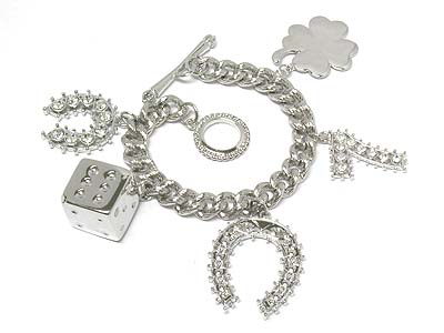 Crystal horseshoe and dice and lucky seven and clover toggle bracelet