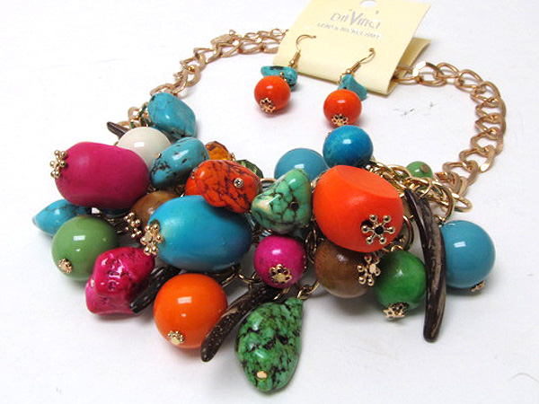 Multi natural stone and glass ball with wooden balls and oval drop dangle necklace earring set