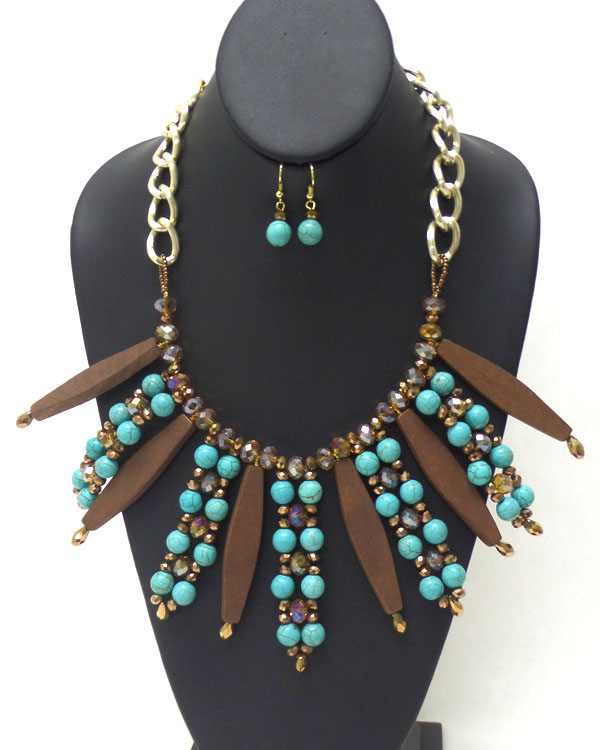 MULTI WOODEN BARS AND SEMI PRECIOUS STONE BALLS WITH CRYSTAL GLASS PATERN CHAIN NECKLACE EARRING SET