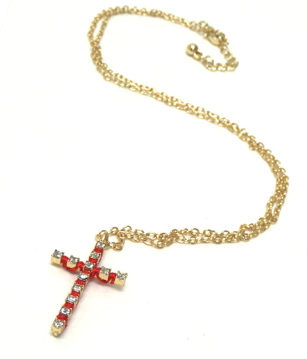 Crystal cross and thin cord on drop chain necklace