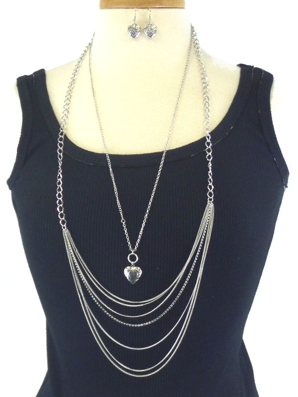 Heart pendant rhinestone line and multi layer  metal chain link long necklace earring set