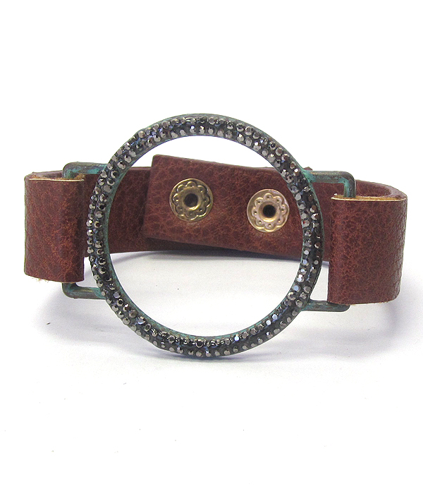 CRYSTAL RING LEATHER SNAP ON BRACELET