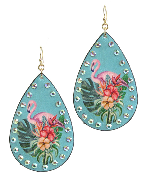 Tropical theme leatherette teardrop earring - flamingo