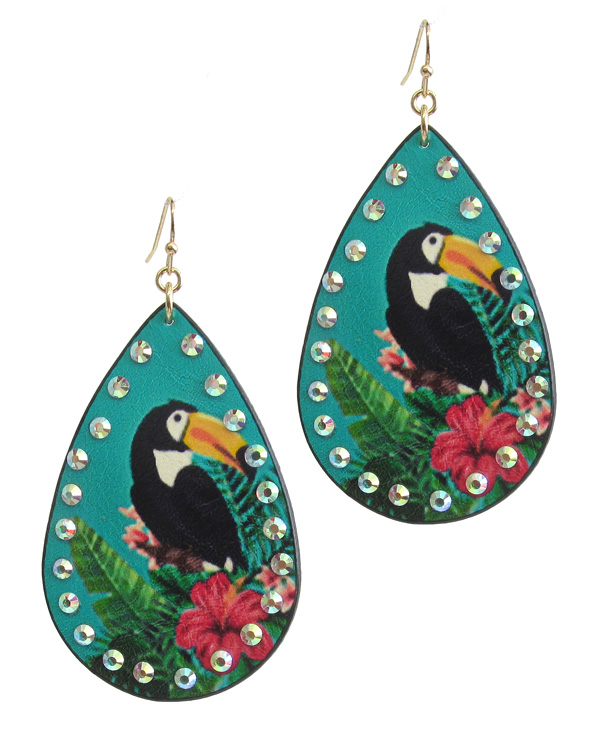 Tropical theme leatherette teardrop earring - toucan