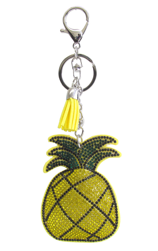 MULTI CRYSTAL LARGE PUFFY CUSHION KEY CHAIN - PINEAPPLE