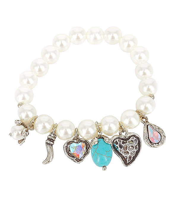 Multi charm and pearl stretch bracelet