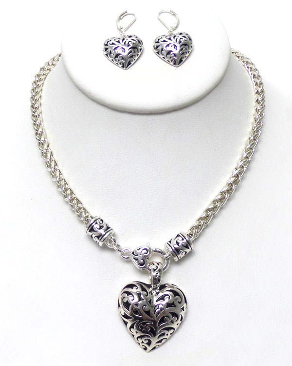 Metal filigree heart necklace earring set -valentine