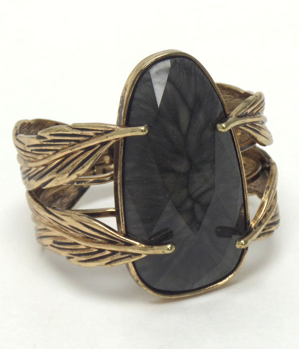Metal fashion leaf and on top natural oval stone hinge bangle