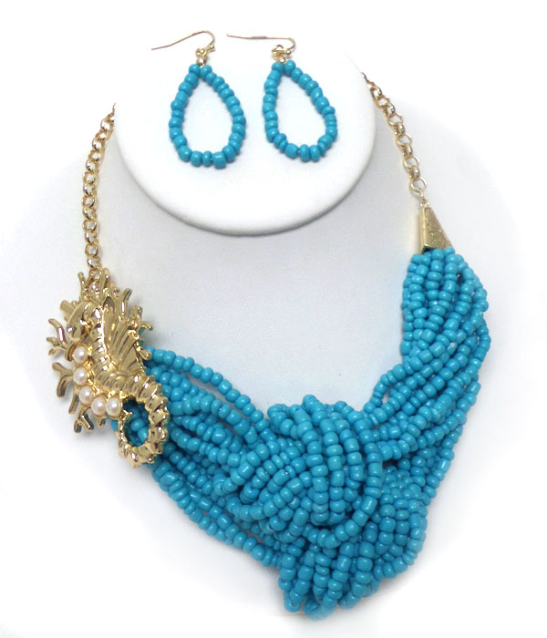 Seahorse seed bead twisted necklace set