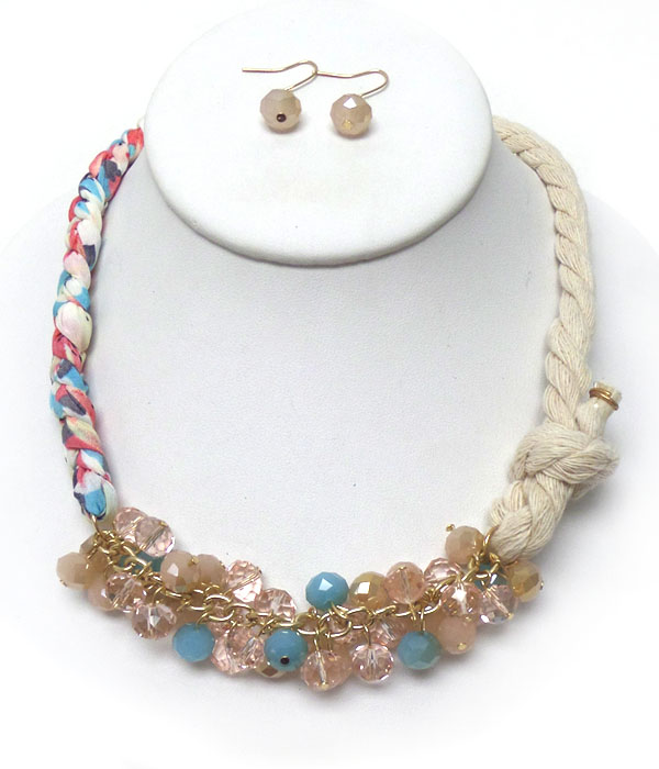 Braided fabric weave glass dangle necklace set