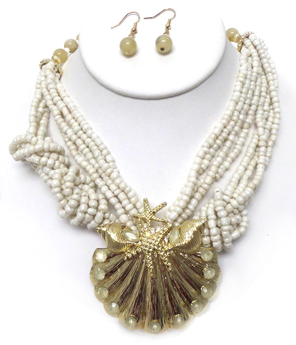 Shell seed bead multi chain twisted necklace set