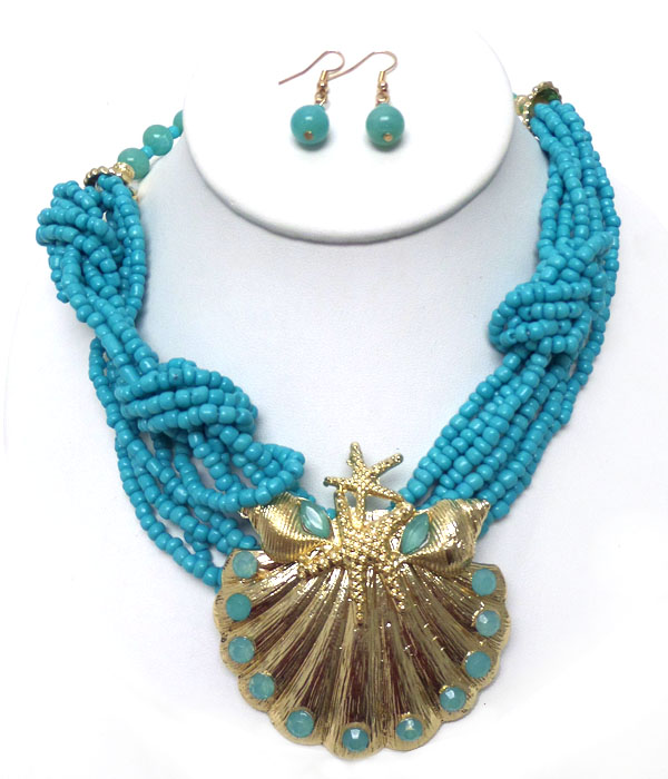 Shell seed bead multi chain twisted necklace set